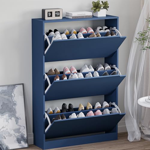 Image of BORNOON Shoe Cabinet with 3 Flip Drawers, Hidden Wood Shoe Cabinet,Freestanding Shoe Storage Cabinet for Entryway Hallway. 47.2 inch H*31.5 inch W*9.45 inch D
