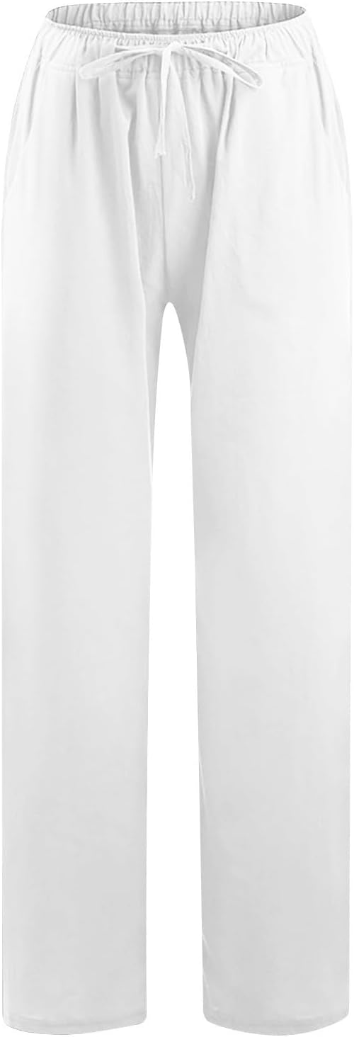 Lmdudan 2 Pc Cotton Linen Pants for Women Beach Pant Plus Size Wide Leg Sweatpants 2025 Summer Cropped Elastic Waist Trousers