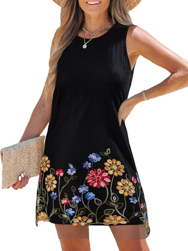 CUPSHE Vestido de verano bordado floral para mujer, cuello redondo, sin mangas, dobladillo de encaje, casual, primavera, color negro, Negro, XL