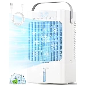 SUPOOBE Mobiele airconditioner, 900 ml, USB, mini-ventilator, stil, 3 snelheden, 2 mistmodi, 8 uur, timer, 7 led-kleuren, voor slaapkamer, kantoor, camper