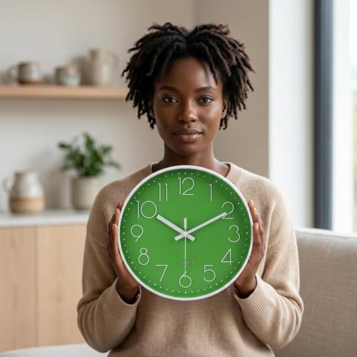 Image of jomparis Modern Office Green Decor Wall Clock 12 inch Silent & Non-Ticking Battery Operated Quartz Round Clock