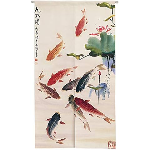 Ofat Home Chinese Ink Painting Doorway Curtain Carps Koi Fishes Japanese Noren Bring You Good Luck Tapestry for Wall Hanging Bedroom Divider Kitchen Partition Bathroom Door Decor, 33.5"x 59" Cover