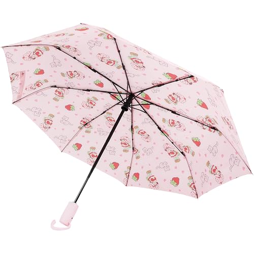 Concept One Strawberry Shortcake Heart Print Umbrella, Compact Auto Open and Close, Durable Frame, Matching Sleeve, Pink