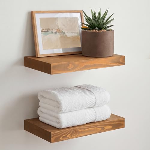 Homeforia 12 inch Golden Oak Floating Shelf High End Solid Real Wood 12inch Small Floating Shelves for Wall Mounted Oak Wooden 12in Floating Shelves Heavy Duty Bracket 12 X 6.5 X 1.75 in Set of 2