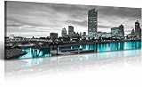 Milwaukee Cityscape Skyline Canvas Wall Art for Living Room Black and White Wall Decor Aqua Green Te