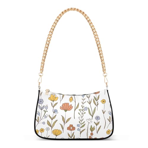 Clutch Shoulder Bags Tote Evening Purse Handbags for Women Wildflowers Hand Drawn Hobo Bags with Zipper Closure