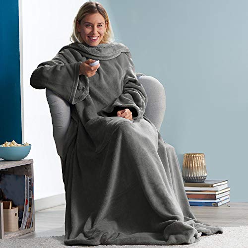 CelinaTex TV-Decke mit Ärmeln und Fußtasche Flauschige Kuscheldecke XL 170 x 200 cm grau Mikrofaser Fleece Soft Oeko-TEX – Ansicht 6