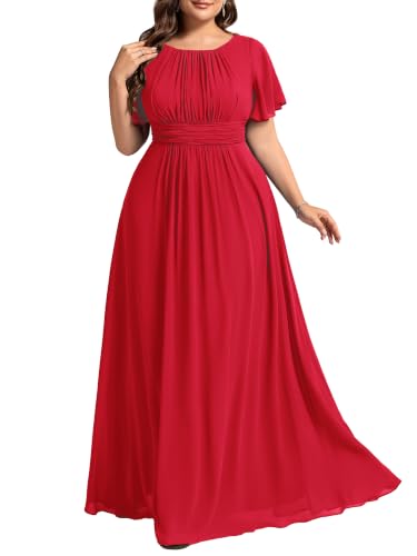 Image of Ever-Pretty Plus Elegant Formal Dresses for Curvy Women Round Neck Short Sleeves Chiffon Bridesmaid Mother of The Bride Dress