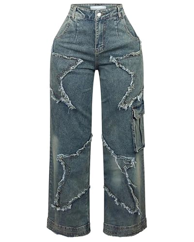 Women's Cargo Jeans Mid Rise Loose Fit Star Patchwork Raw Edge Straight Leg Denim Pants4