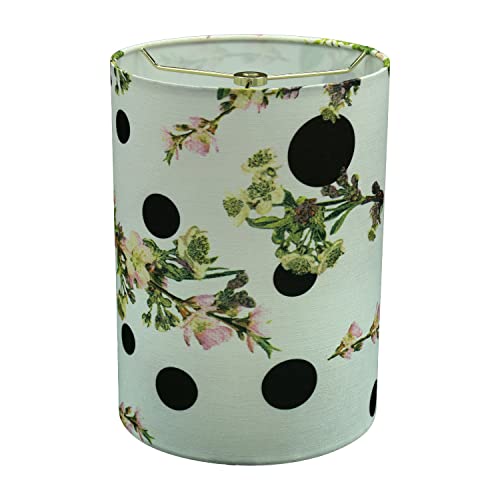 Image of Aspen Creative 31298 Contemporary Drum (Cylinder) Shaped Spider Construction Lamp Shade in White with Floral and Polka Dot, 8 inch wide (8 inch x 8 inch x 11 inch)