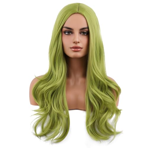 MAGQOO Green Wig for Women Long Curly Wavy Green Wigs Middle Part Synthetic Heat Resistant Fiber Halloween Cosplay Costume Daily Party Use