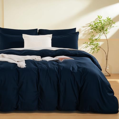 Image of NEXHOME PRO Twin Duvet Cover,Navy 2 Pieces Duvet Cover Set, Soft and Lightweight 100% Washed Microfiber Comforter Cover Set for All Season(Navy Twin, 66 x 90)-No Comforter