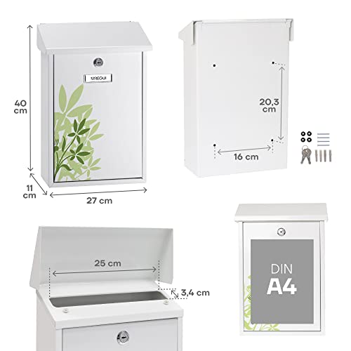 ARREGUI Premium E5608 brievenbus van verzinkt staal, met in zeefdruk gelakte bladen - motief"Blossom", maat M (A4 post), wandbrievenbus voor buiten met inwerpklep, wit met groen - Afbeelding 4