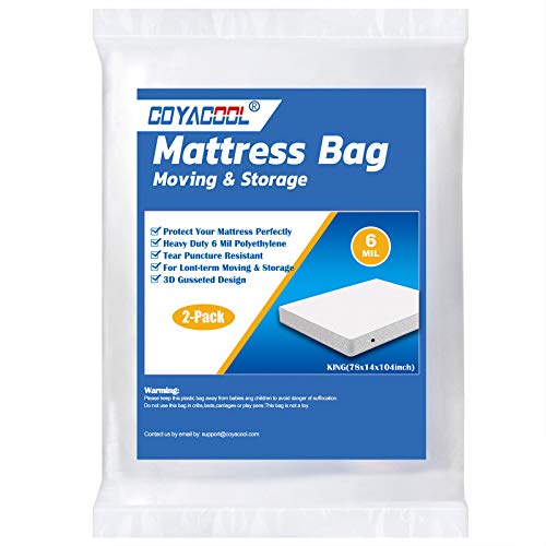 Coyacool King Mattress Bags For Moving Storage 2 Pack - 6 Mil Heavy Duty -Tear And Puncture Resistant Plastic Mattress Protector Bag For Disposal - Super Thick Mattress Cover For Moving #TOP21