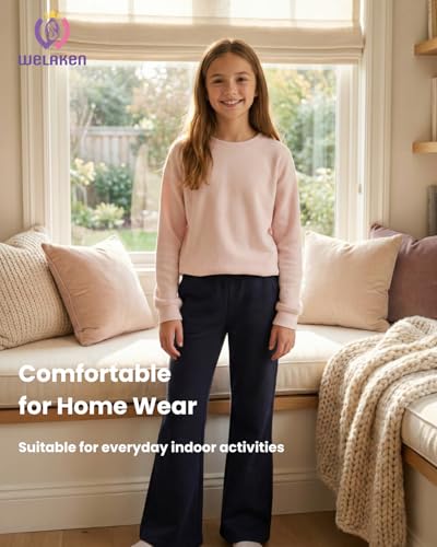 Image of WELAKEN Girls Sweatpants for Casual & Athletic - Kids Flared Pants Bell-Bottom Trousers with Pockets