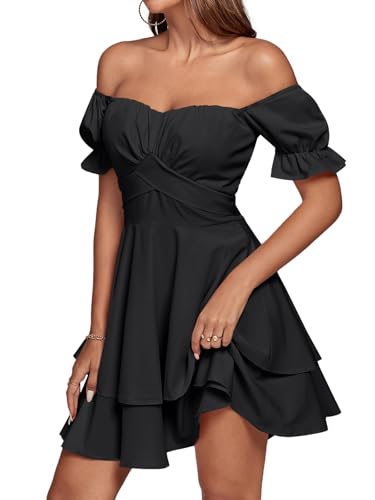 LYANER Women's Tie Back Off Shoulder Wrap Layer Ruffle Short Sleeve Mini Dress4