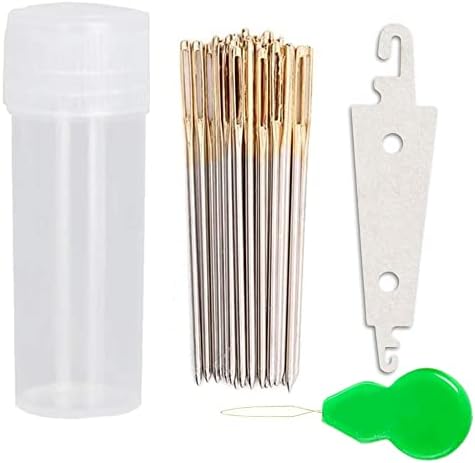 100pcs Cross Stitch Needles + 2 Needle Threader Golden Color Large Eyes Cross Stitch DIY Embroidery Hand Needles Sewing Needles in Transparent Box (26#)