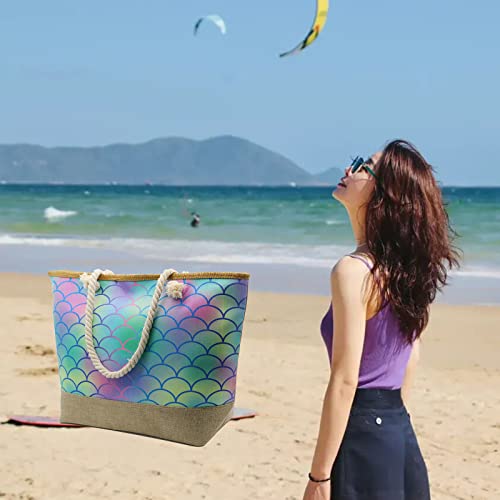 We We Large Beach Bags For Women Canvas Straw Beach Bag Totes Waterproof Shoulder Bag Handbag For Travel Gym Swim (Mermaid Bags) #TOP4