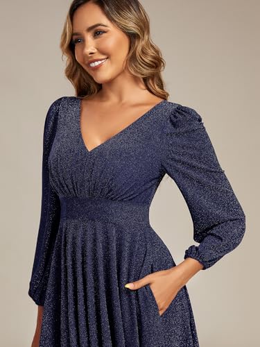 Ever-Pretty Women's V-Neck Fall Long Sleeve Glitter Midi A-Line Formal Wedding Guest Dresses with Pocket 025232