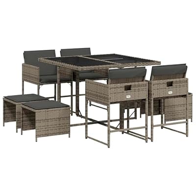 9 Piece Patio Dining Set with Cushions, Gray Poly Rattan Outdoor Dining Set with Foldable Chairs and Tempered Glass Table