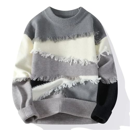 Men Contrast Patchwork Knit Pullover Vintage Crew Neck Long Sleeve Loose Sweaters2