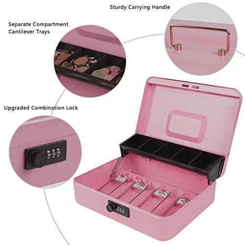 Kyodoled Large Cash Box With Combination Lock,Money Box With Cash Tray, Lock Safe Box With Key,Money Saving Organizer,11.81Lx 9.45Wx 3.54H Inches,Pink Xl Large #TOP1