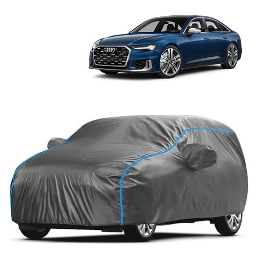 Image of Kerwa Car Body Cover Waterproof with S6, Dust & UV Resistant All-Weather Proof Full Body Cover, Grey with Blue Lining, Triple Stitched Elastic Bottom with Mirror Pocket