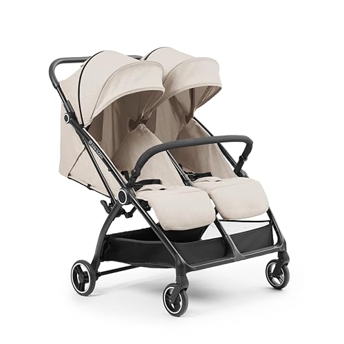 Ickle Bubba Aries Double Auto-Fold Stroller (Stone) – Slim & Lightweight 10.5kg Twin Pushchair, One-Hand Auto-Fold, Adjustable Seats, Ventilated Sun Visors, Raincover Included