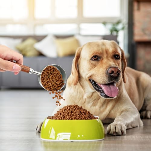 JOBVERT 4 Pcs Dog Food Scoop, Stainless Steel 1 Cup, 1/2 Cup, 1/3 Cup, 1/4 Cup Measuring Cup, Cat Food Scoop with Wood Handle, Pet Food Scoop