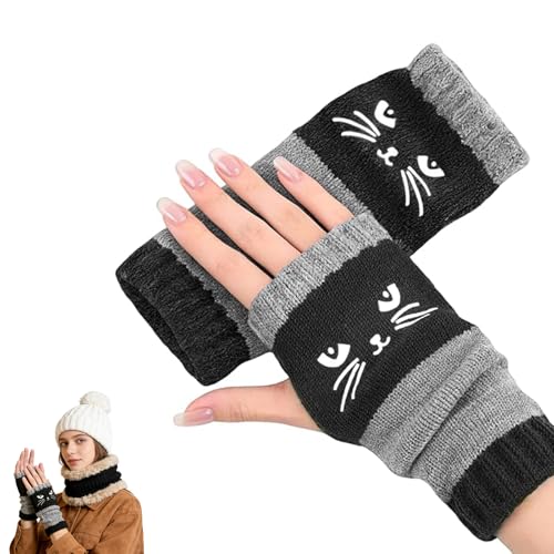Cat Fingerless Gloves, Women’s Knitted Fingerless Gloves with Cute Cat
