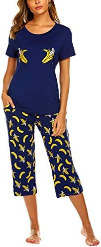 MAXMODA Women's Pajama Sets Capri Pants with Short Tops Cotton Sleepwear Ladies Sleep Sets Banana S