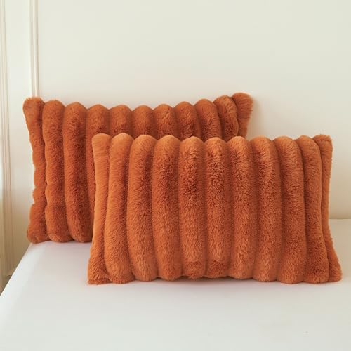 MEGO Set of 2 Fluffy Faux Rabbit Fur Pillowcases, Cozy Luxury Striped Plush Fuzzy Zippered Pillow Cases, Decorative Shaggy Furry Ribbed Long Pillow Shams Bedroom Living Room 20x36, King, Burnt Orange