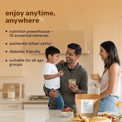 Image of fitlicious Classic Sattu Powder | Bihari Chana Sattu | Natural & Organic | Gluten-Free, Non-GMO | High Protein & Fiber | Instant PremiX | Healthy Drink For All Ages | Pack Of 10 X 40g Sachets