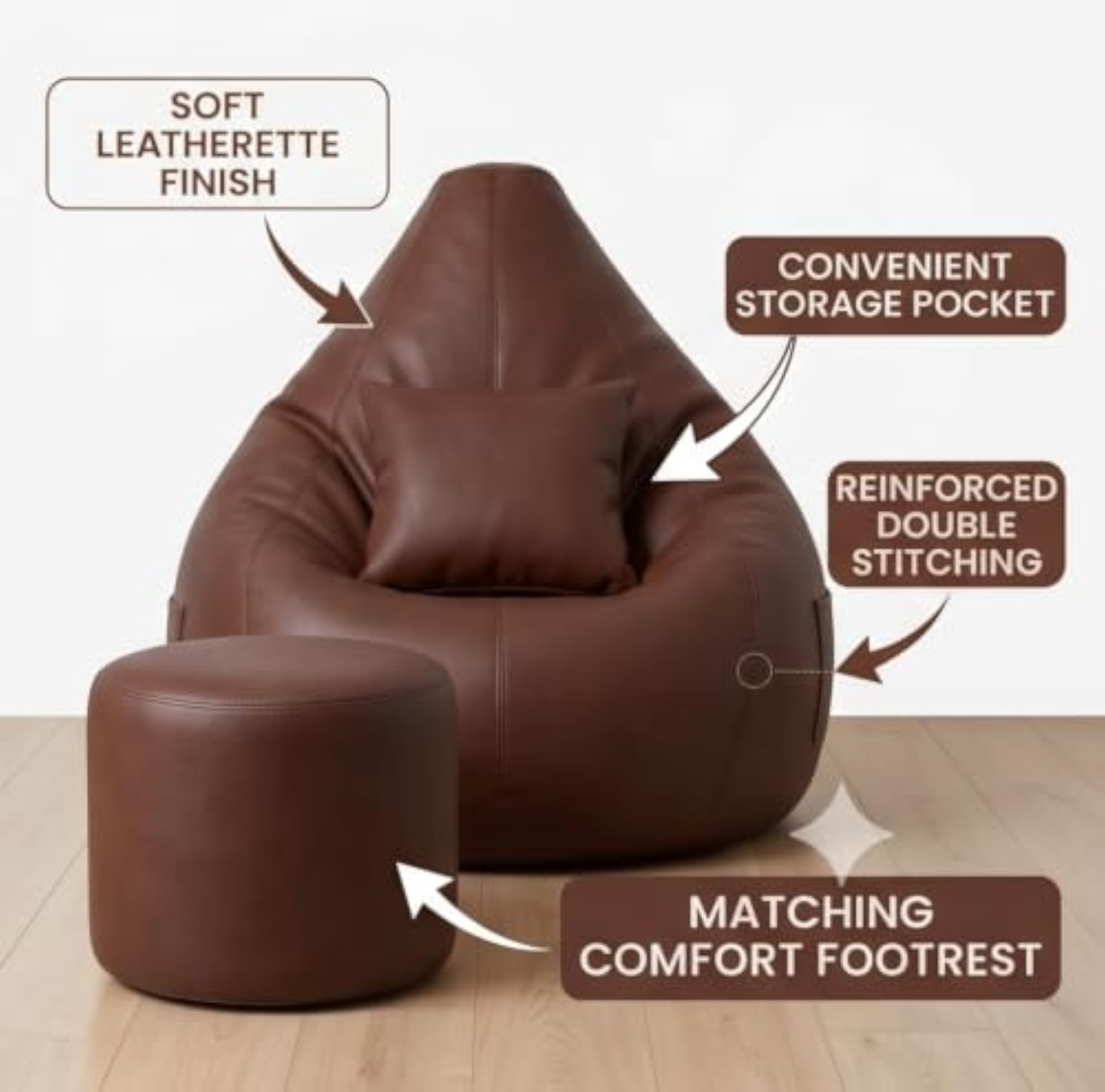 Leatherette Bean Bag Chair Cover with Free Pillow & Footrest