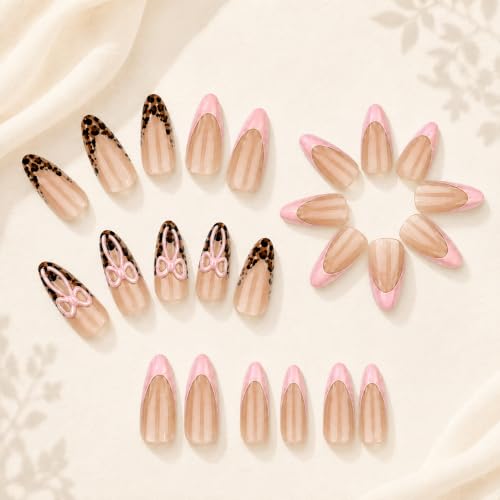 Image of Secret Lives Glossy Pink French Tip Press-On Nails with Leopard Print With 3D Bow Artificial Nail Art, 24-Piece Set with Kit