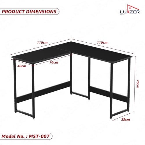 Image of Lukzer L-Shaped Study Table for Home or Office (MST-007 /Black & Black) Metal & Engineered Wood Corner Computer Desk, Laptop & Gaming Station for Students and WFH (110 x 110 x 75 cm) Easy DIY Assembly
