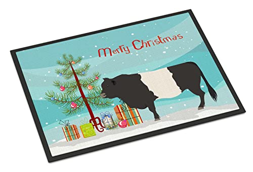 Caroline's Treasures BB9198JMAT Belted Galloway Cow Christmas Doormat 24x36, Teal Front Door Mat Indoor Outdoor Rugs for Entryway, Non Slip Washable Low Pile, 24H X 36W