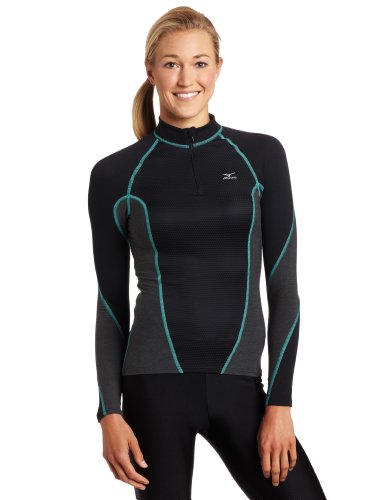 Mizuno Women's Breath Thermo Stretch 1/2 Zip, Black/Green, Medium