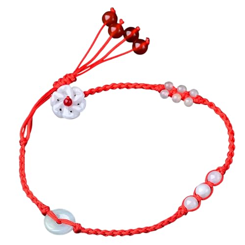 Tobillera de jade natural y cordón rojo Feng Shui ajustable para mujer