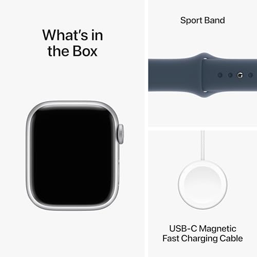 Image of Apple Watch Series 9 [GPS + Cellular 41mm] Smartwatch with Silver Aluminum Case with Storm Blue Sport Band M /L. Fitness Tracker, Blood Oxygen & ECG Apps, Always-On Retina Display, Water Resistant