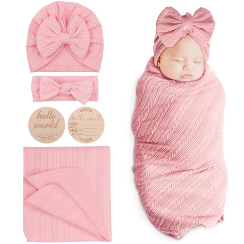 BQUBO Baby Swaddle Blankets for Girls, 4PCS Newborn Accessories Set with Hat and Bow Headband with Hello World Wooden Birth Announcement Card, Baby Blankets for Girls (Pink) by DRESHOW - Used condition - CA$20.69