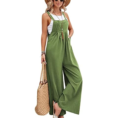 SotRong Dungarees for Women Uk Wide Leg Jumpsuit With Pocket Loose Fit Playsuits Summer Boho Romper Sleeveless Strappy Overalls Green L Cover
