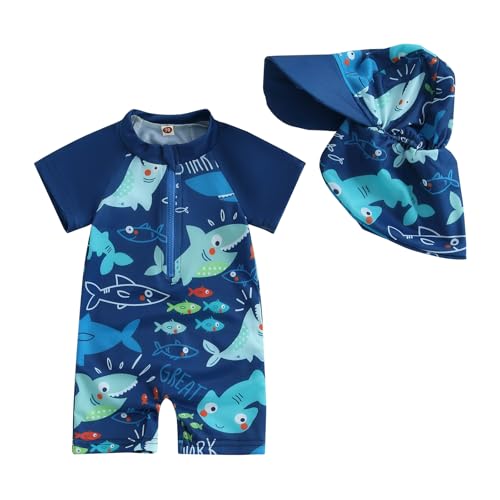 Geagodelia Baby Boy Swimming Costume Toddler Boy Swimsuit Infant Bathing Suit Short Sleeve One Piece Rash Guard Sun Hat Summer Beachwear (Blue, 2-3 Years)