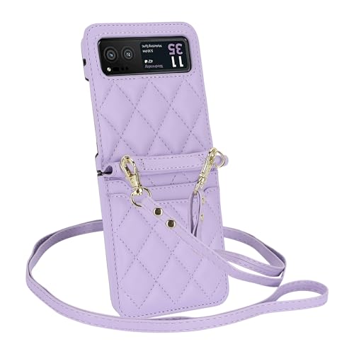 Generic Funda tipo cartera para Motorola Moto Razr 40, correa de muñeca, funda de cuero con tapa cruzada con 2 ranuras para tarjetas, cordón ajustable para mujer (morado)