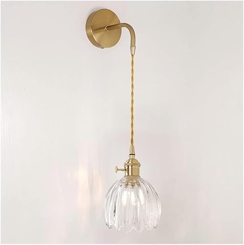 Nordic Striped Glass Wall Sconce Brass Flower Lighting Fixture for Corridor Balcony Bedroom E26E27 Base Vintage Inspired Wall Mount Lamp(Brown)