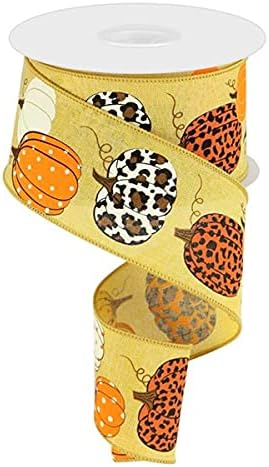 Cinta con borde con alambre de calabazas sobre lienzo con estampado de leopardo, 10 yardas (mostaza, naranja, 2.5 pulgadas)