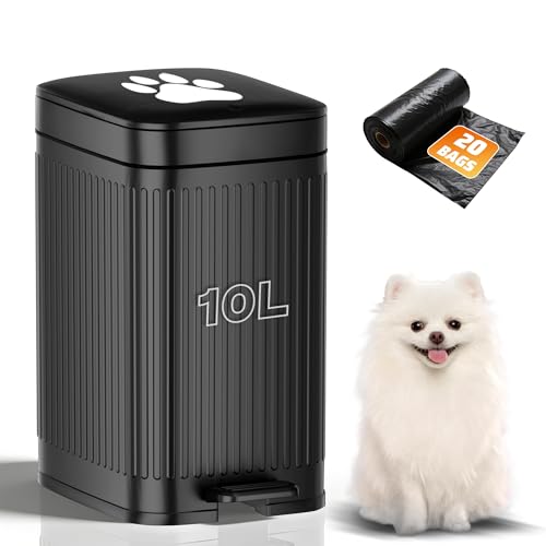 Hahomei Dog Poop Trash Can Outside, 2.7Gal Dog Waste Trash Can with Lid, Foot Pedal, Dog Waste Container with 20 Bags, Pet Poop Bucket with Soft Close for Backyard Odor Control, Black