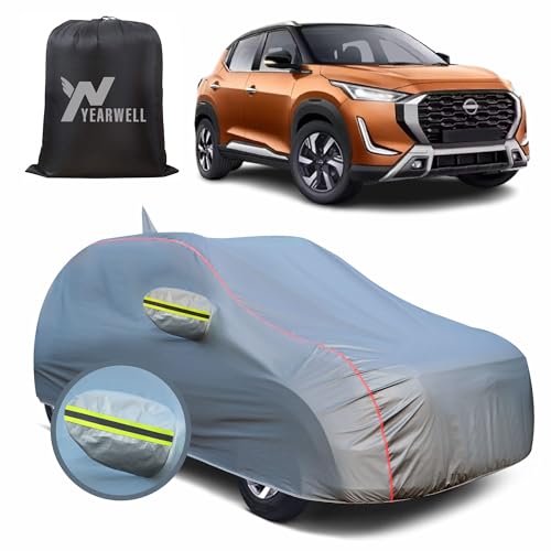 Image of Car Body Cover for Nissan Magnite, 100% Waterproof, Heat-Resistant with Mirror & Antenna Pockets, Soft Cotton Lining, Triple Stitched, Green Reflector (Metallic Grey)