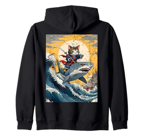 Ninja Cat Samurai Riding Shark Kawaii Anime Japonais Vintage Sweat à Capuche