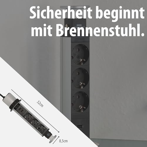 Brennenstuhl Tower Power, Tischsteckdosenleiste 3-Fach (versenkbare Steckdosenleiste, 2-Fach USB, 2m Kabel, komplett in Tischplatte versenkbar) Silber/schwarz